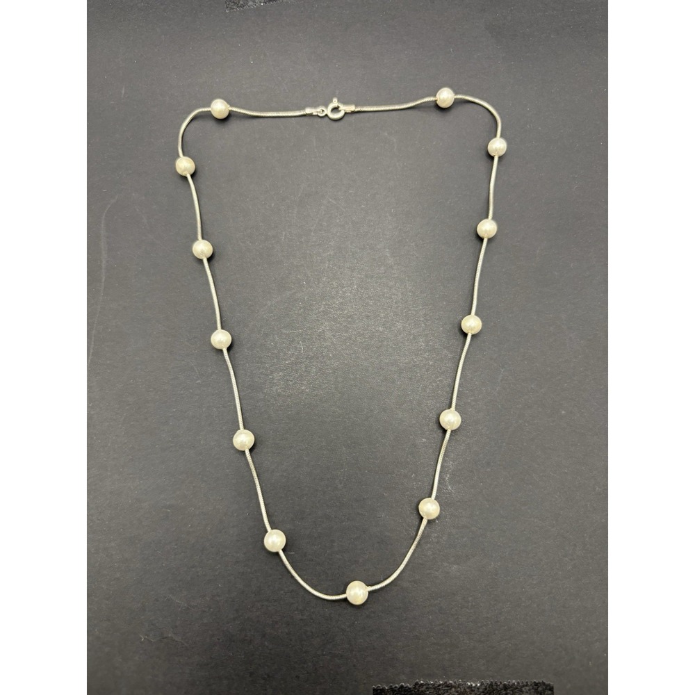 17" Vintage Sterling Silver 6MM Pearl Station Necklace 6.7 Grams G13
